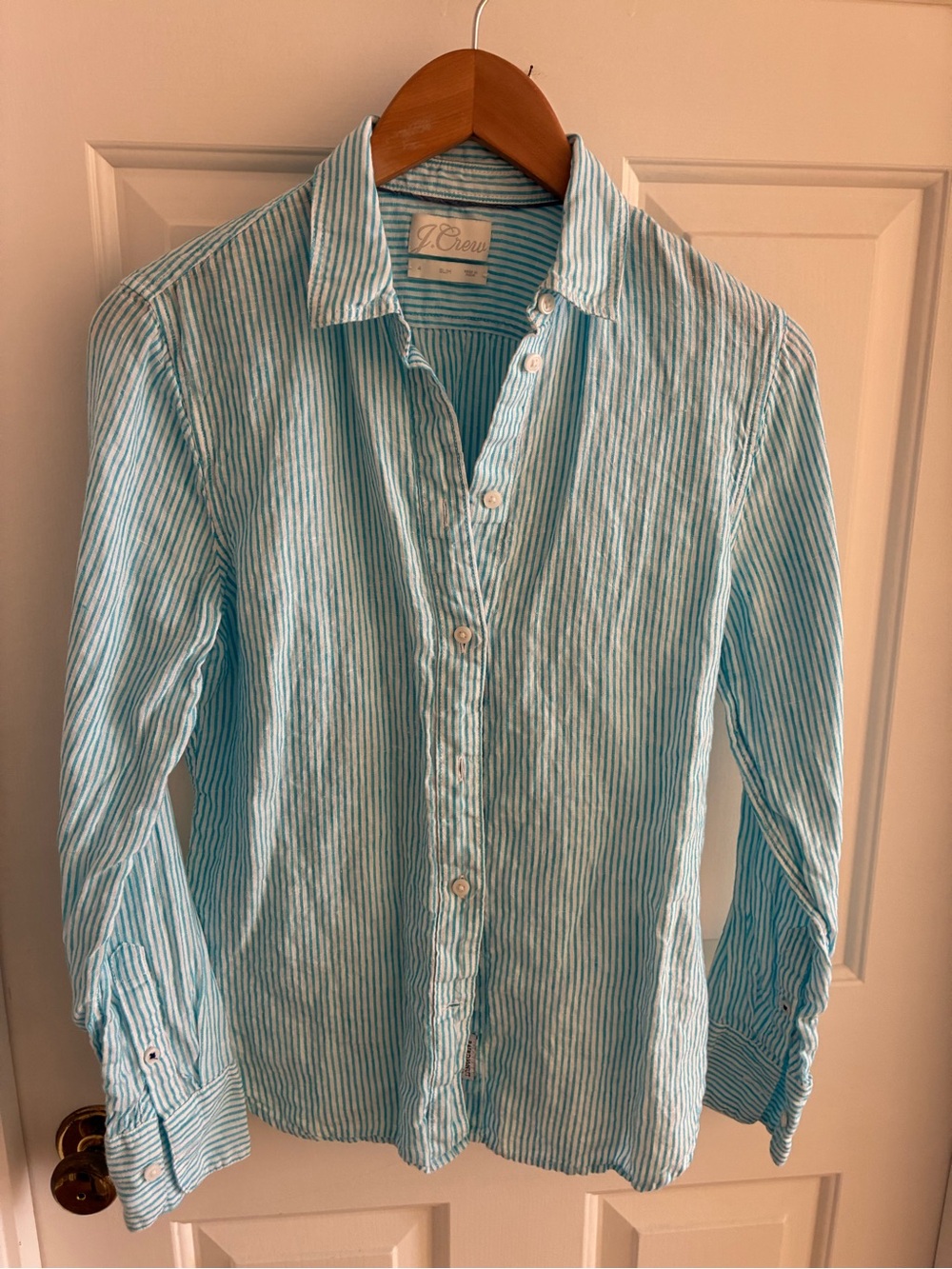 J. Crew Blue-White Striped Linen Shirt, Size 4, Slim Fit